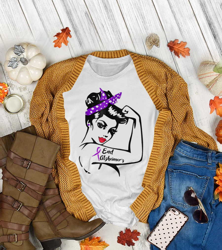 Strong Woman End Alzheimer's Awareness Purple Ribbon Rosie the Riveter T-Shirt