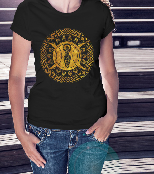 Triple Moon Wiccan Pagan Spiral Goddess Geometric Gold T-Shirt