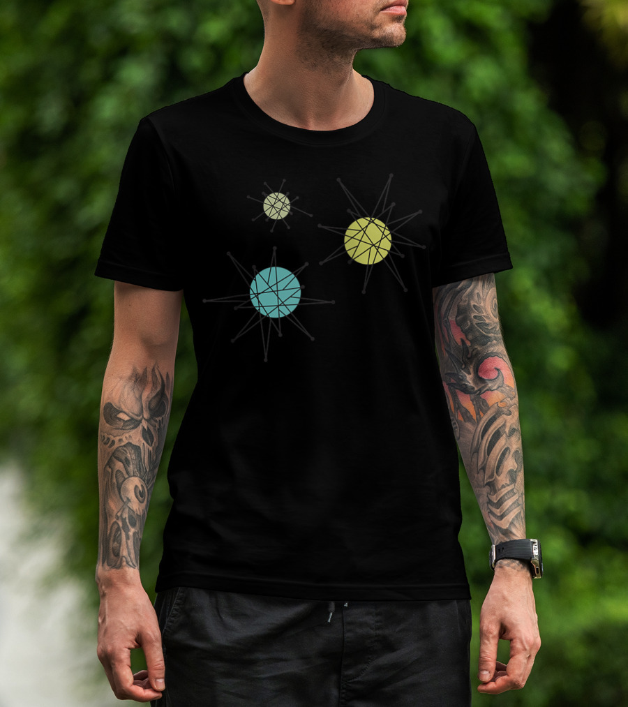 Vintage Franciscan Starburst Atomic Era Raglan Bas Colorful Celestial Orbs T-Shirt