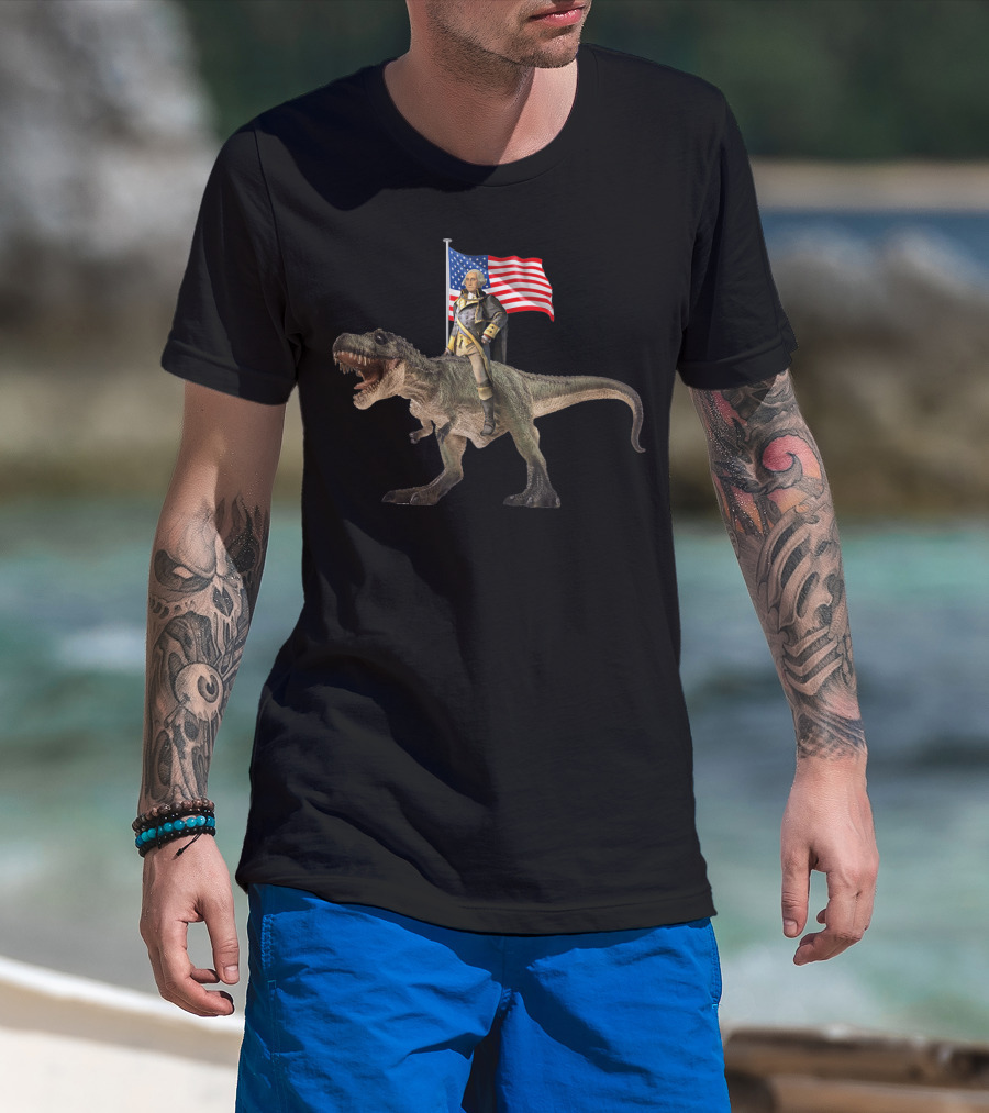 George Washington Riding T-Rex Dinosaur With American Flag T-Shirt