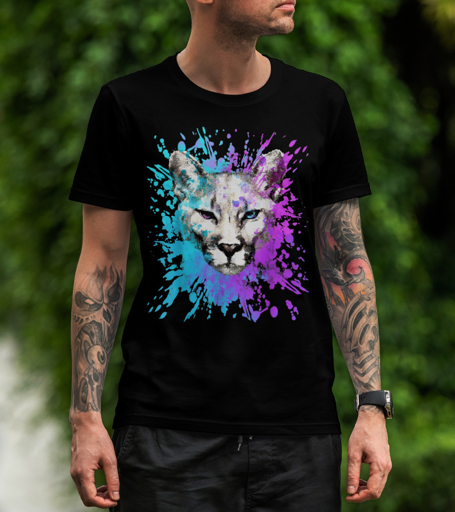 Watercolour Cougar Mountain Lion Artsy Splatter T-Shirt