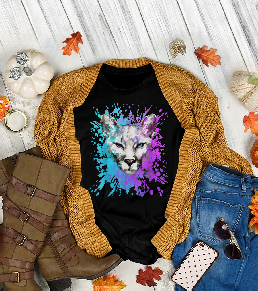 Watercolour Cougar Mountain Lion Artsy Splatter T-Shirt