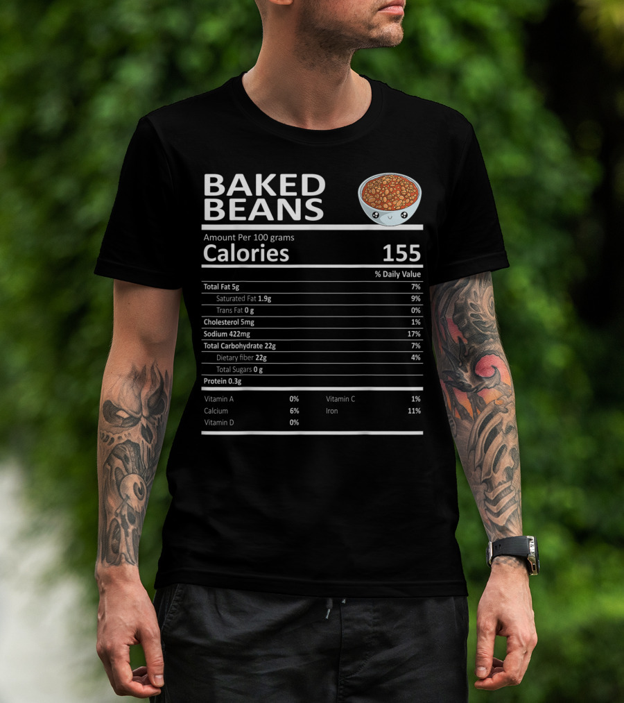Baked Beans Nutrition Facts Cute Cartoon Calories Dietary Fiber Iron Calcium T-Shirt