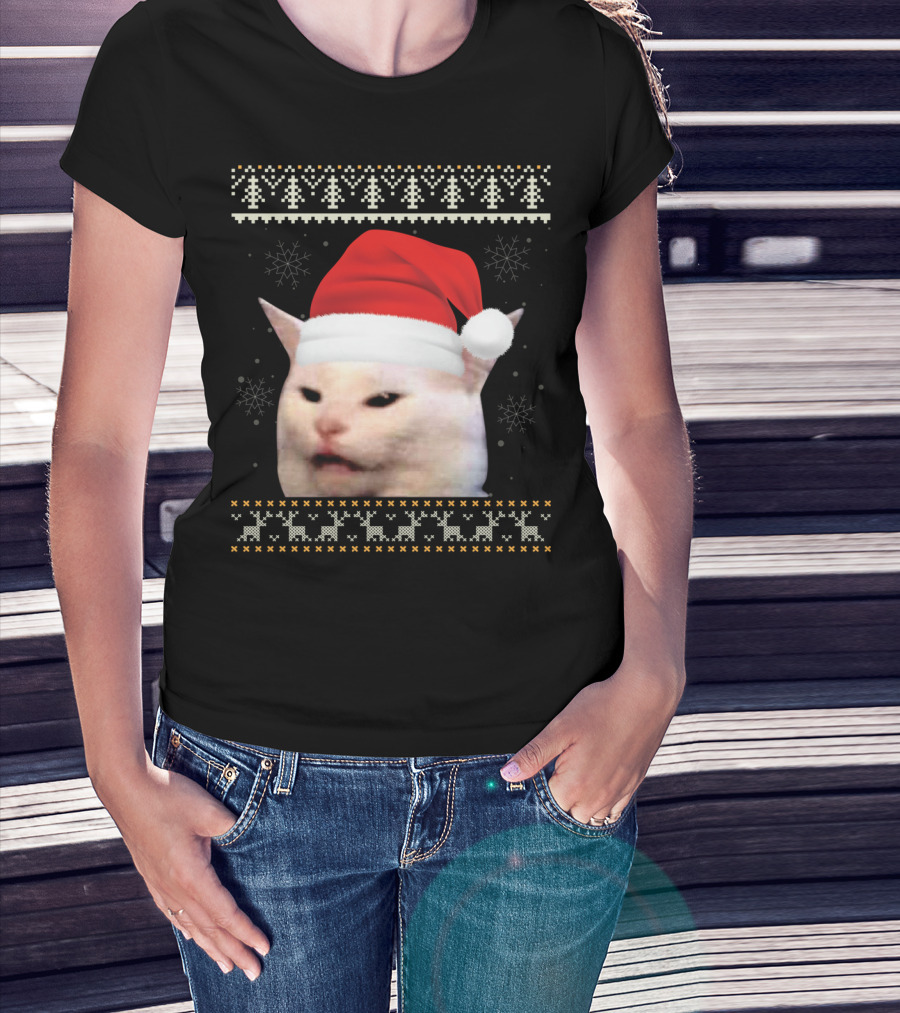 Confused Cat With Red Santa Hat And Christmas T-Shirt