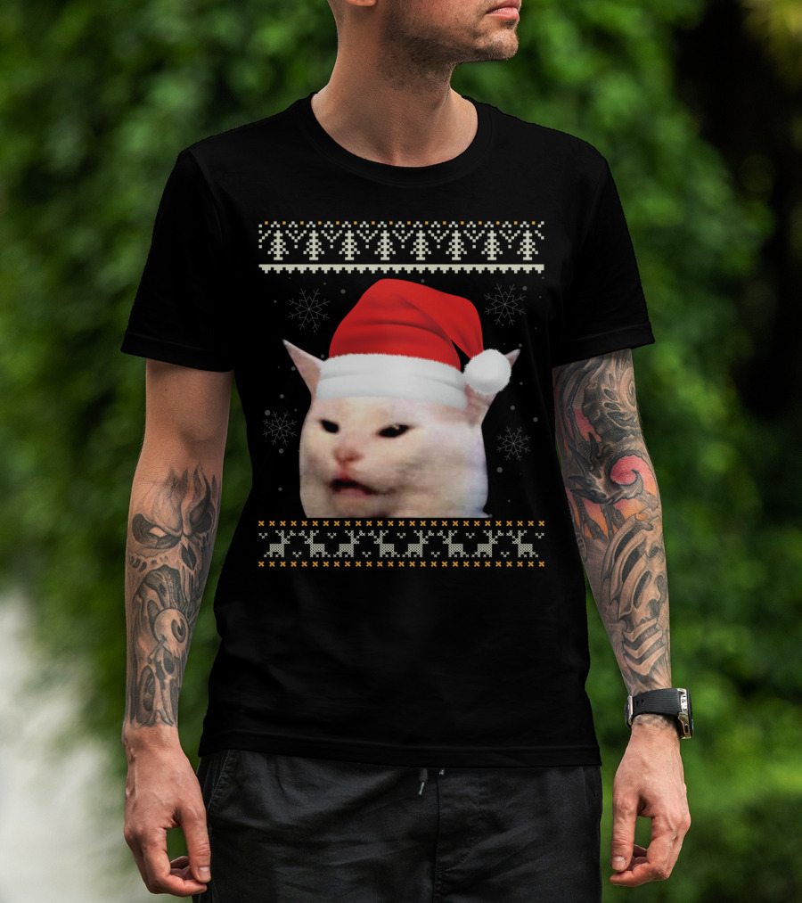 Confused Cat With Red Santa Hat And Christmas T-Shirt