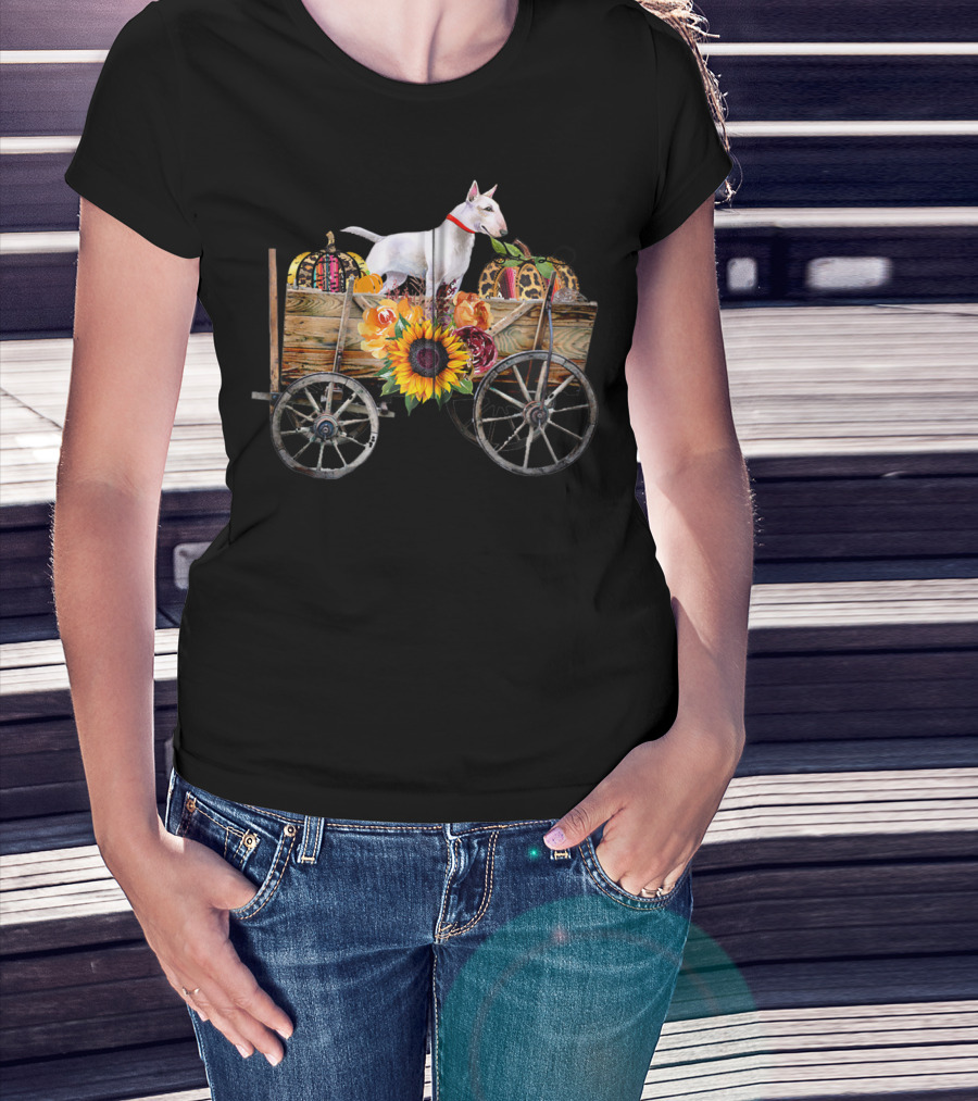 Bull Terrier Sunflower And Pumpkin Wagon In Country T-Shirt