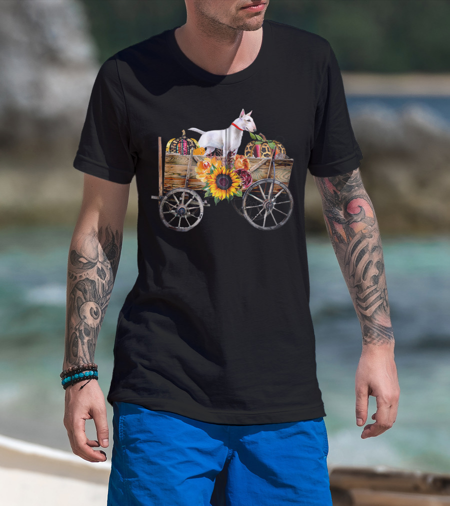 Bull Terrier Sunflower And Pumpkin Wagon In Country T-Shirt