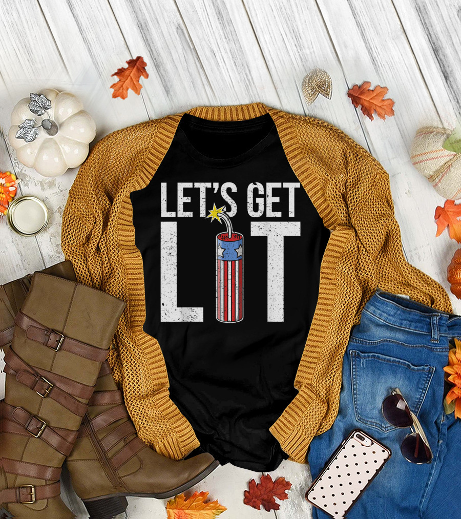 Let's Get Lit Fireworks USA Flag Funny July 4th T-Shirt