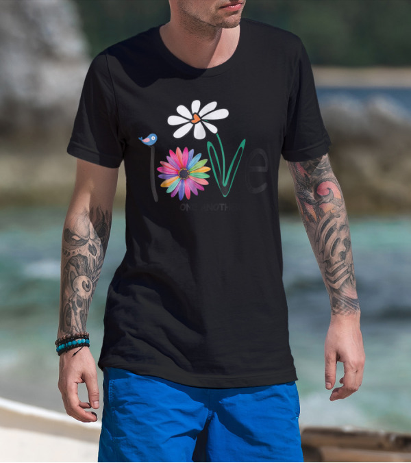 Love One Another Daisy Rainbow Flower Bird Hippie T-Shirt