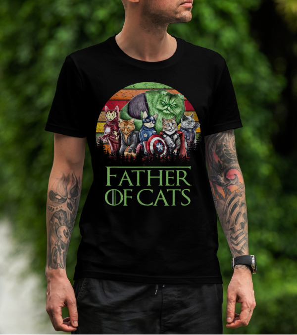 Father Of Cats Dad Cat With Superhero Cats T-Shirt