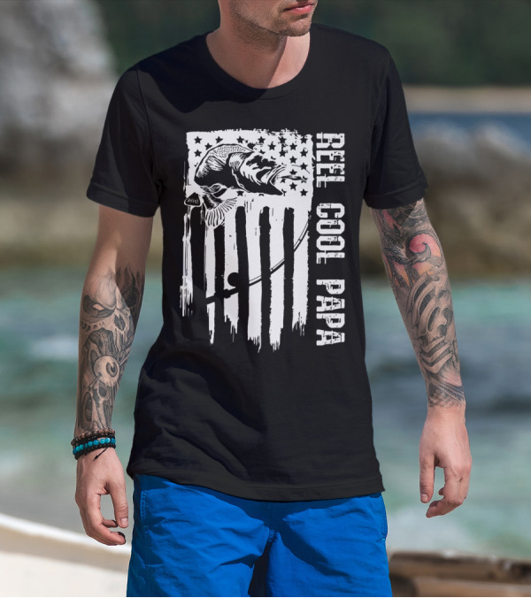 Reel Cool Papa Fishing Patriotic American Flag T-Shirt