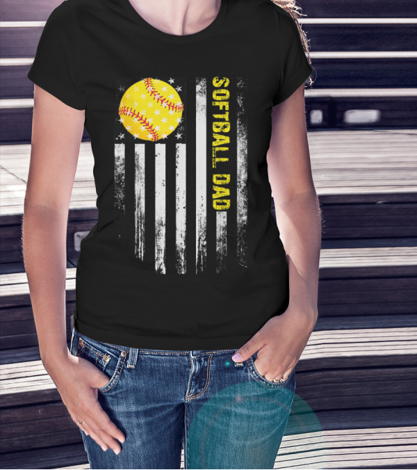 Softball Dad American Flag Father's Day T-Shirt
