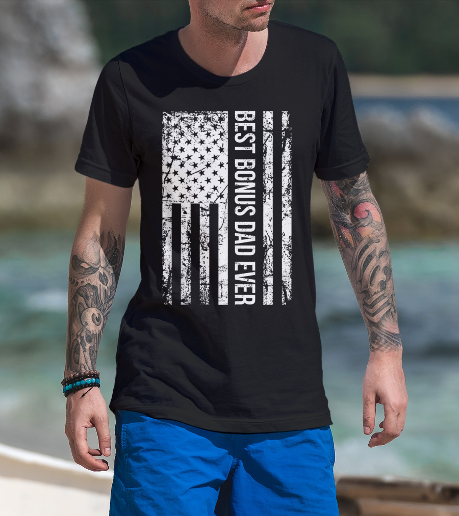 Best Bonus Dad Ever American Flag Mens Step Dad T-Shirt