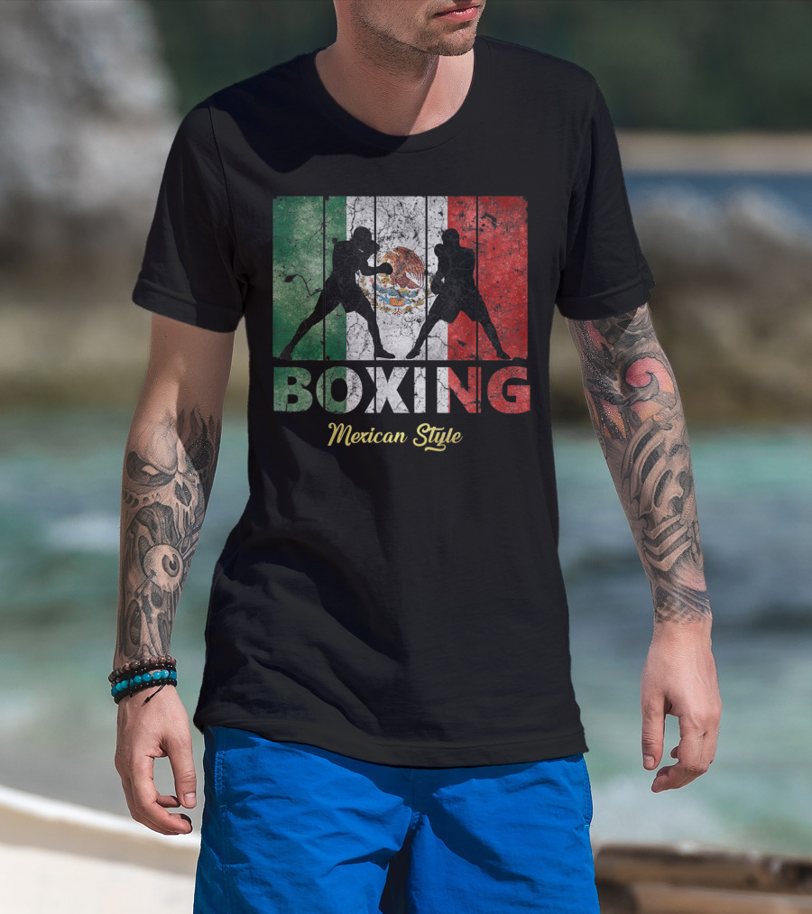 Mexican Vintage Style Boxing With Great Boxing Silhouettes And Flag Background T-Shirt
