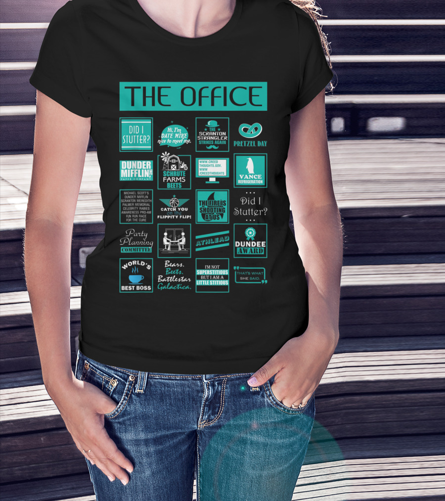 The Office Mash Up Dunder Mifflin Schrute Farms Bears Battlestar Galactica Dundee Award T-Shirt