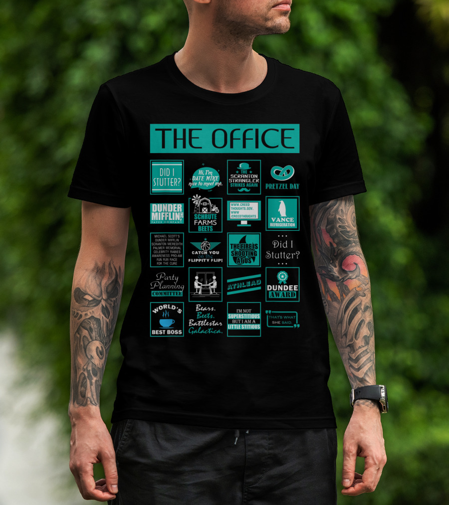 The Office Mash Up Dunder Mifflin Schrute Farms Bears Battlestar Galactica Dundee Award T-Shirt
