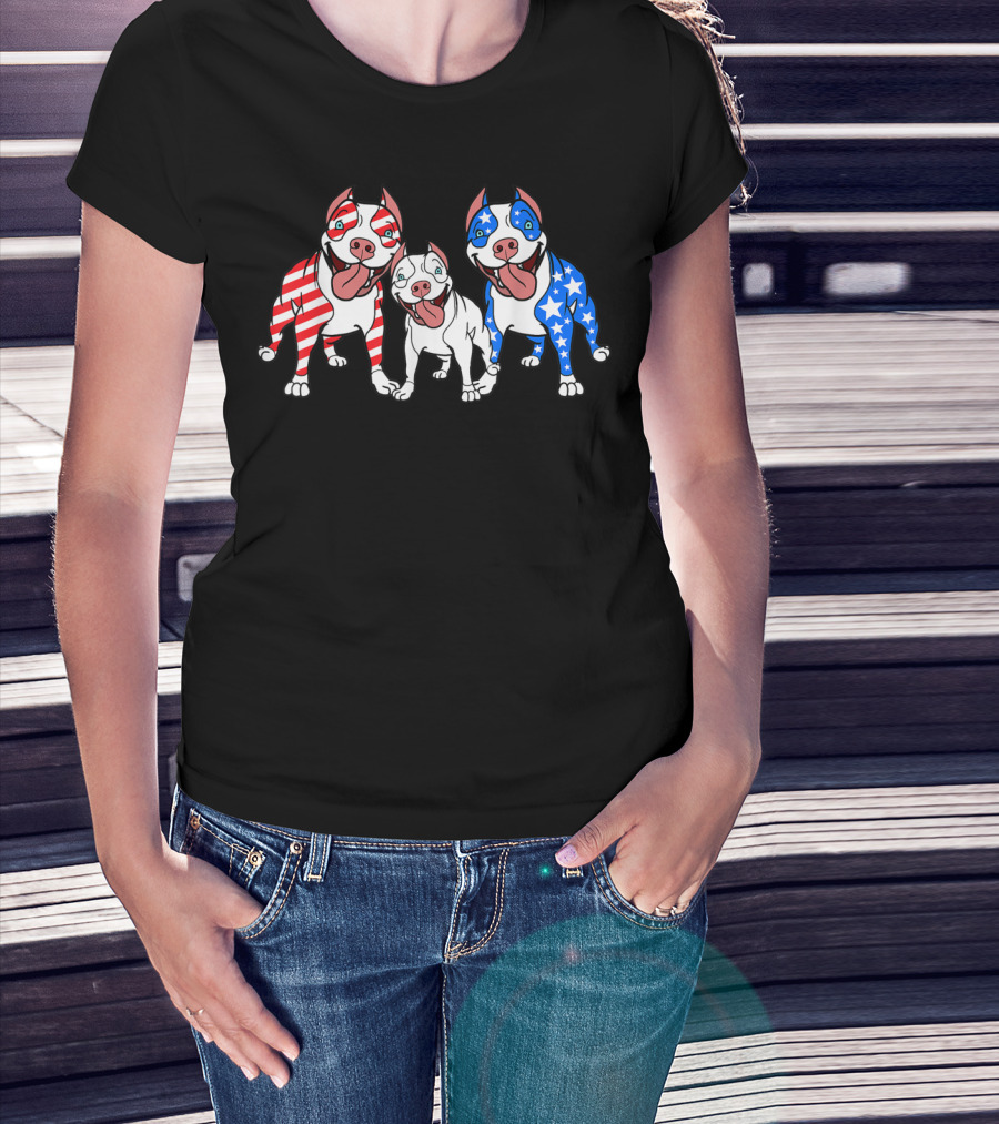 Pitbulls American Flag Red White Blue Patriotic T-Shirt