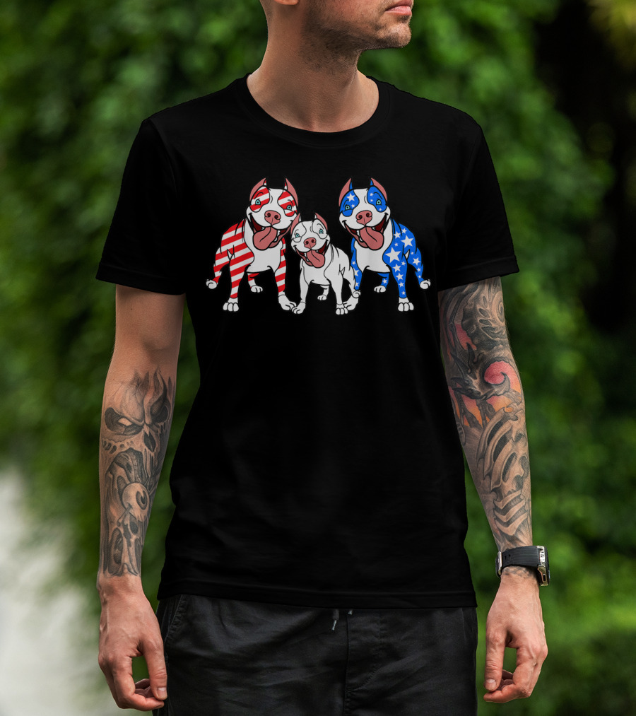 Pitbulls American Flag Red White Blue Patriotic T-Shirt