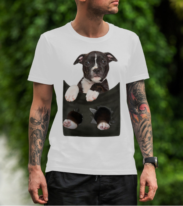 Pitbull Puppy Poking Out From Pocket T-Shirt