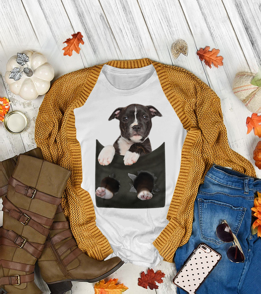Pitbull Puppy Poking Out from Pocket T-Shirt