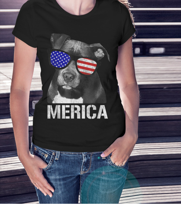 Merica Patriotic Pitbull With American Flag Sunglasses T-Shirt