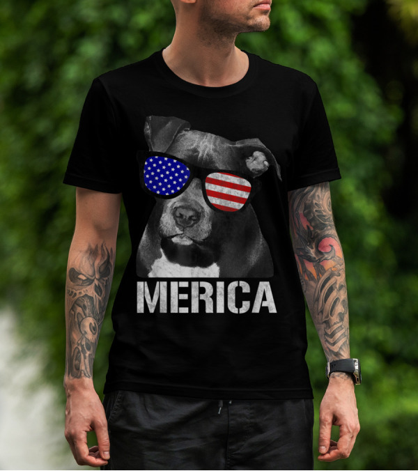 Merica Patriotic Pitbull With American Flag Sunglasses T-Shirt