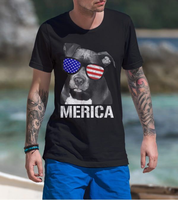 Merica Patriotic Pitbull With American Flag Sunglasses T-Shirt