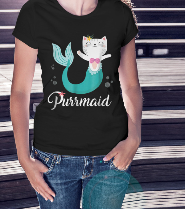 Purrmaid Cat Mermaid For Girls With Star And Bow T-Shirt