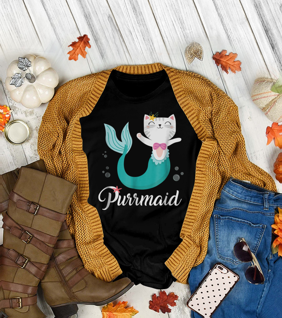 Purrmaid Cat Mermaid for Girls with Star and Bow T-Shirt