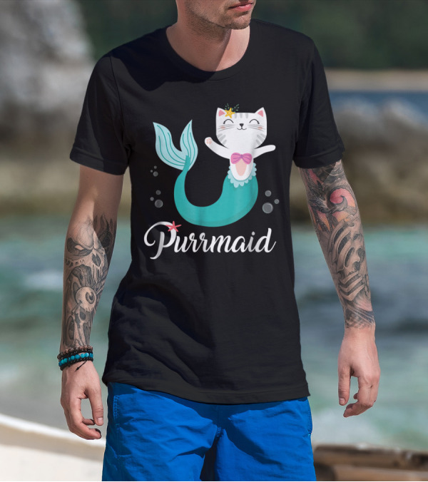 Purrmaid Cat Mermaid For Girls With Star And Bow T-Shirt