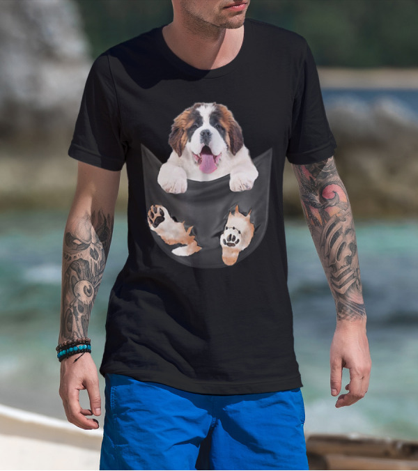 Saint Bernard Inside Pocket Funny Dog Lover Paws Peeking Out T-Shirt