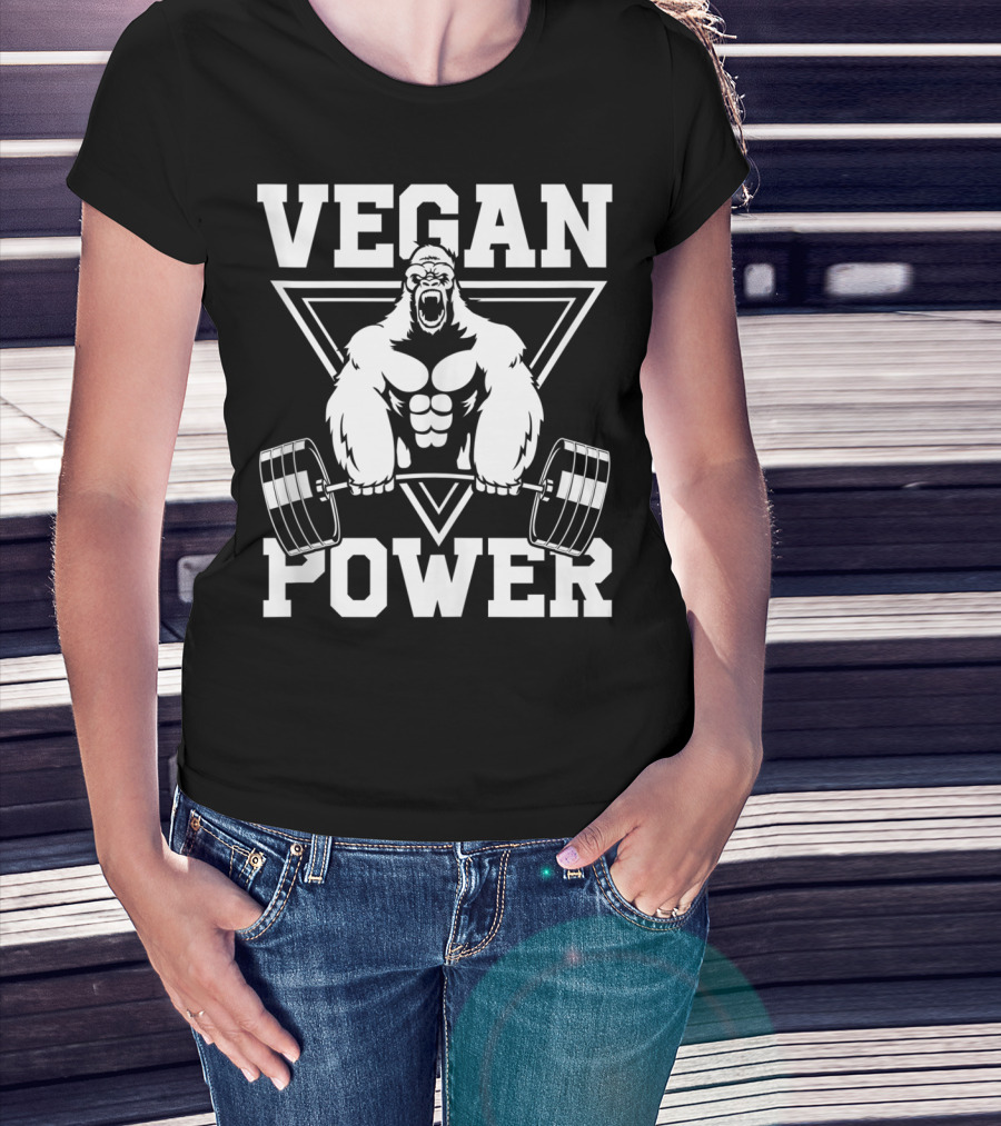 Vegan Power Gorilla Weightlifting Strength Fitness T-Shirt