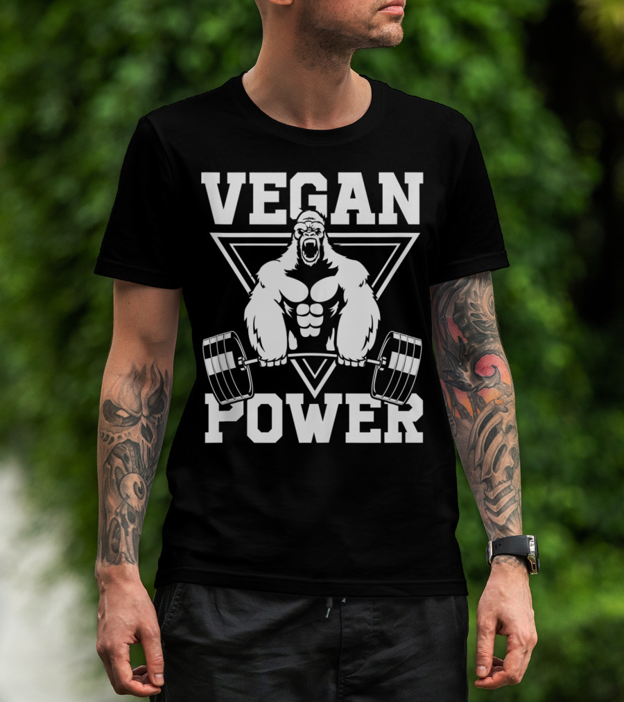 Vegan Power Gorilla Weightlifting Strength Fitness T-Shirt