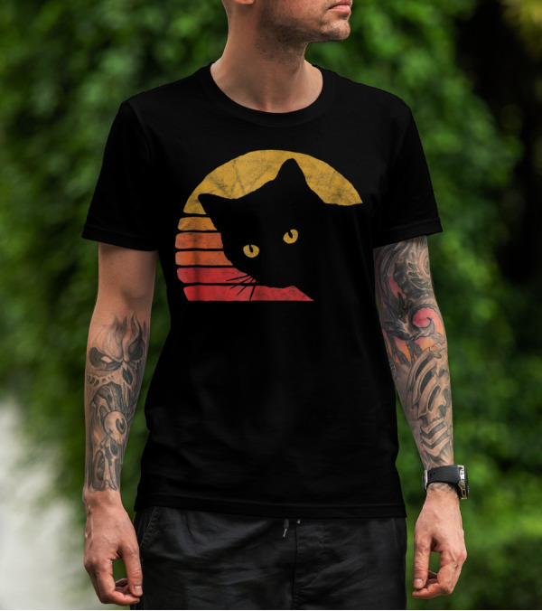 Vintage Eighties Style Cat Distressed Silhouette Retro Sunset T-Shirt
