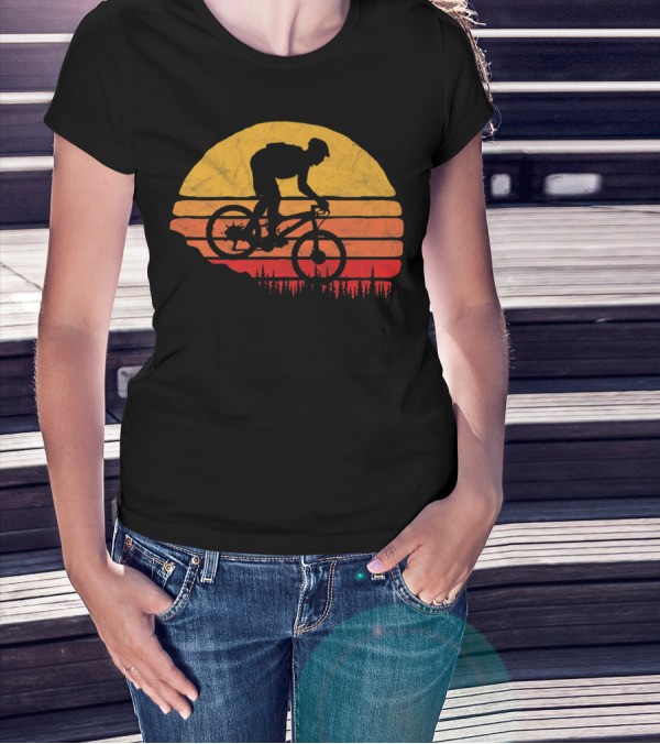 Vintage Mountain Biking Sunset Silhouette Forest Trail T-Shirt