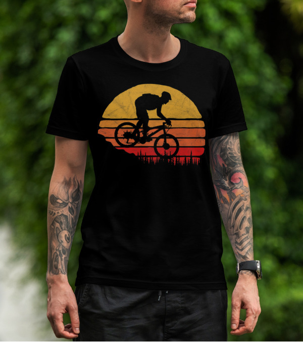 Vintage Mountain Biking Sunset Silhouette Forest Trail T-Shirt