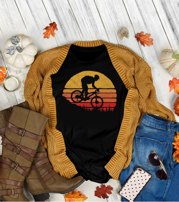 Vintage Mountain Biking Sunset Silhouette Forest Trail T-Shirt