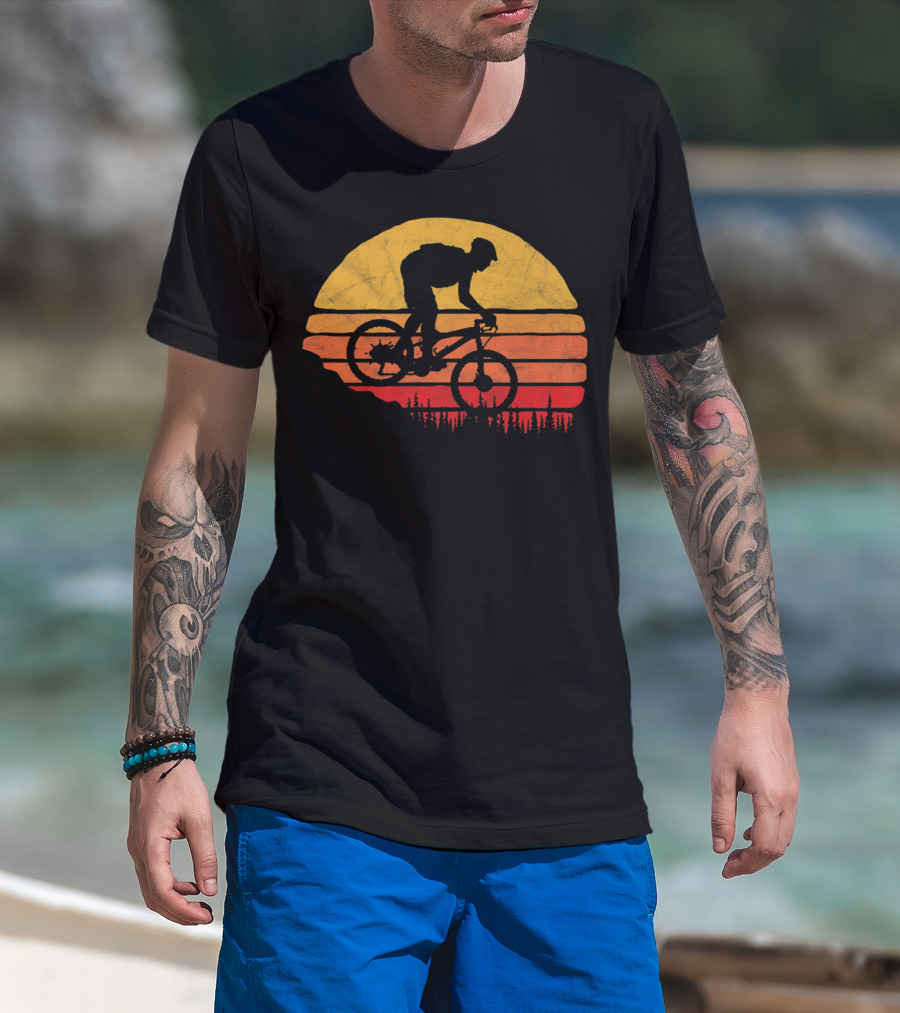 Vintage Mountain Biking Sunset Silhouette Forest Trail T-Shirt