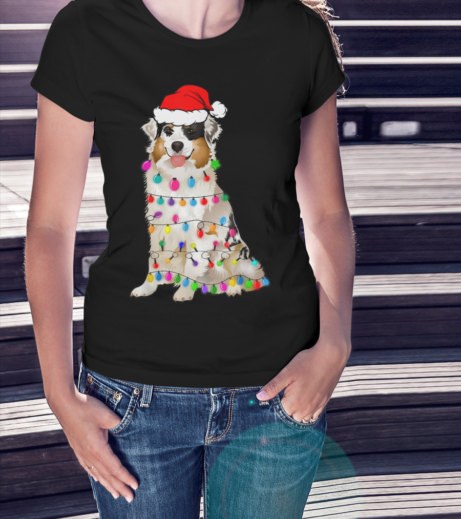 Australian Shepherd Wrapped In Christmas Lights With Santa Hat T-Shirt