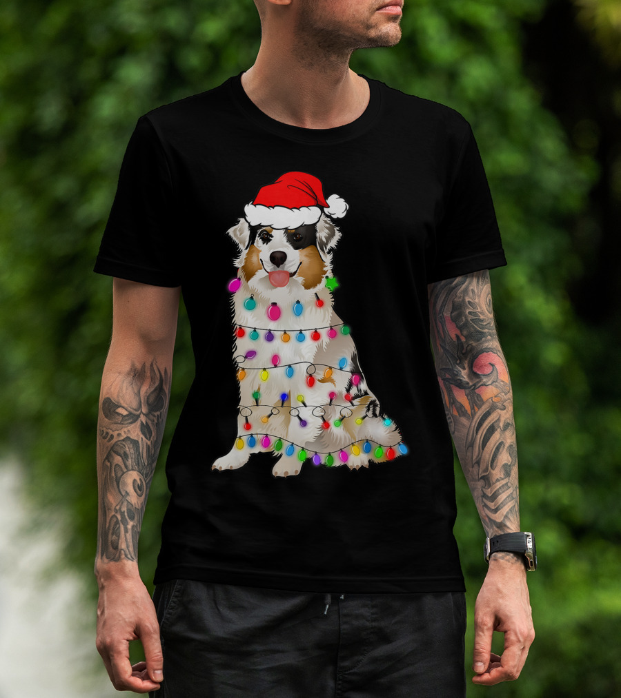 Australian Shepherd Wrapped In Christmas Lights With Santa Hat T-Shirt