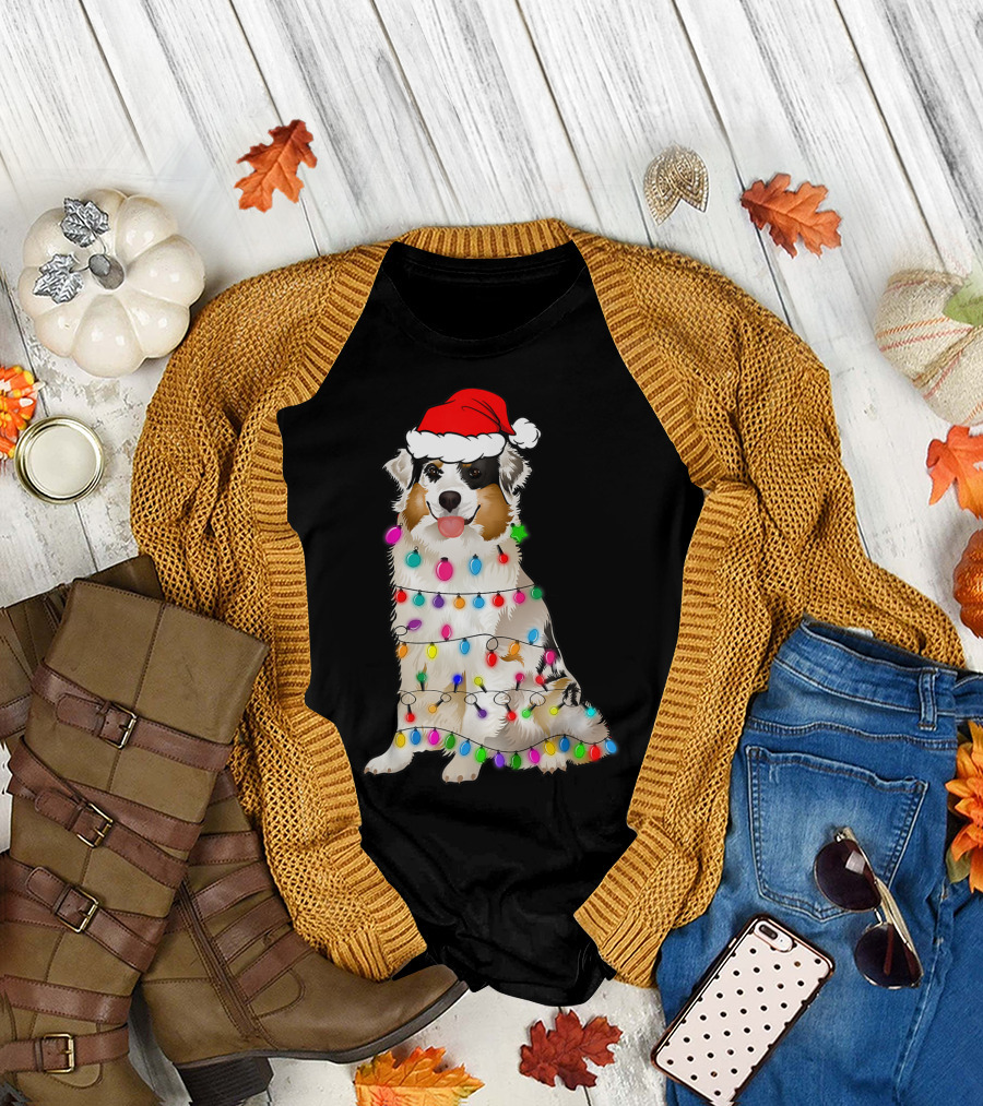 Australian Shepherd Wrapped in Christmas Lights with Santa Hat T-Shirt