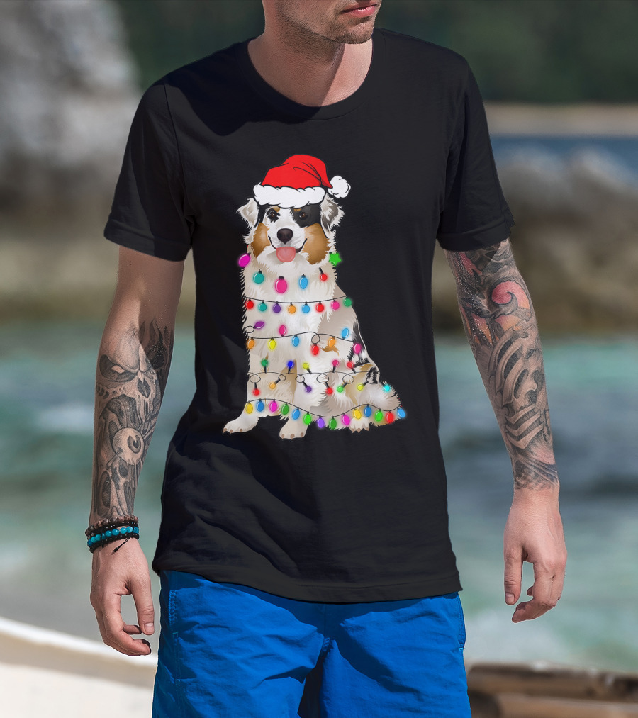 Australian Shepherd Wrapped In Christmas Lights With Santa Hat T-Shirt