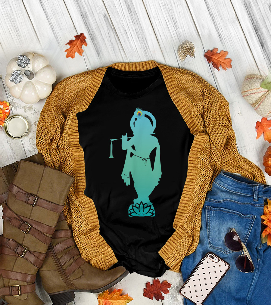 Divine Glory Lord Krishna Flute Silhouette with Peacock Feather and Lotus T-Shirt