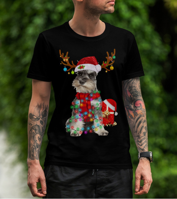 Funny Santa Hat Reindeer Miniature Schnauzer Christmas Lights T-Shirt