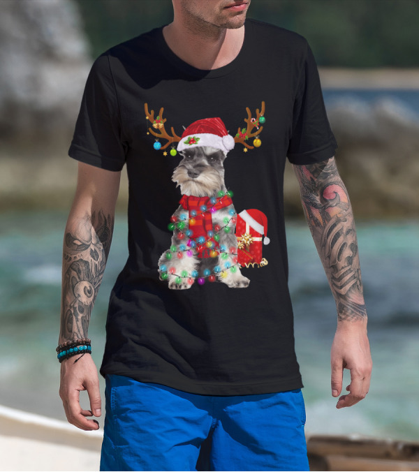 Funny Santa Hat Reindeer Miniature Schnauzer Christmas Lights T-Shirt
