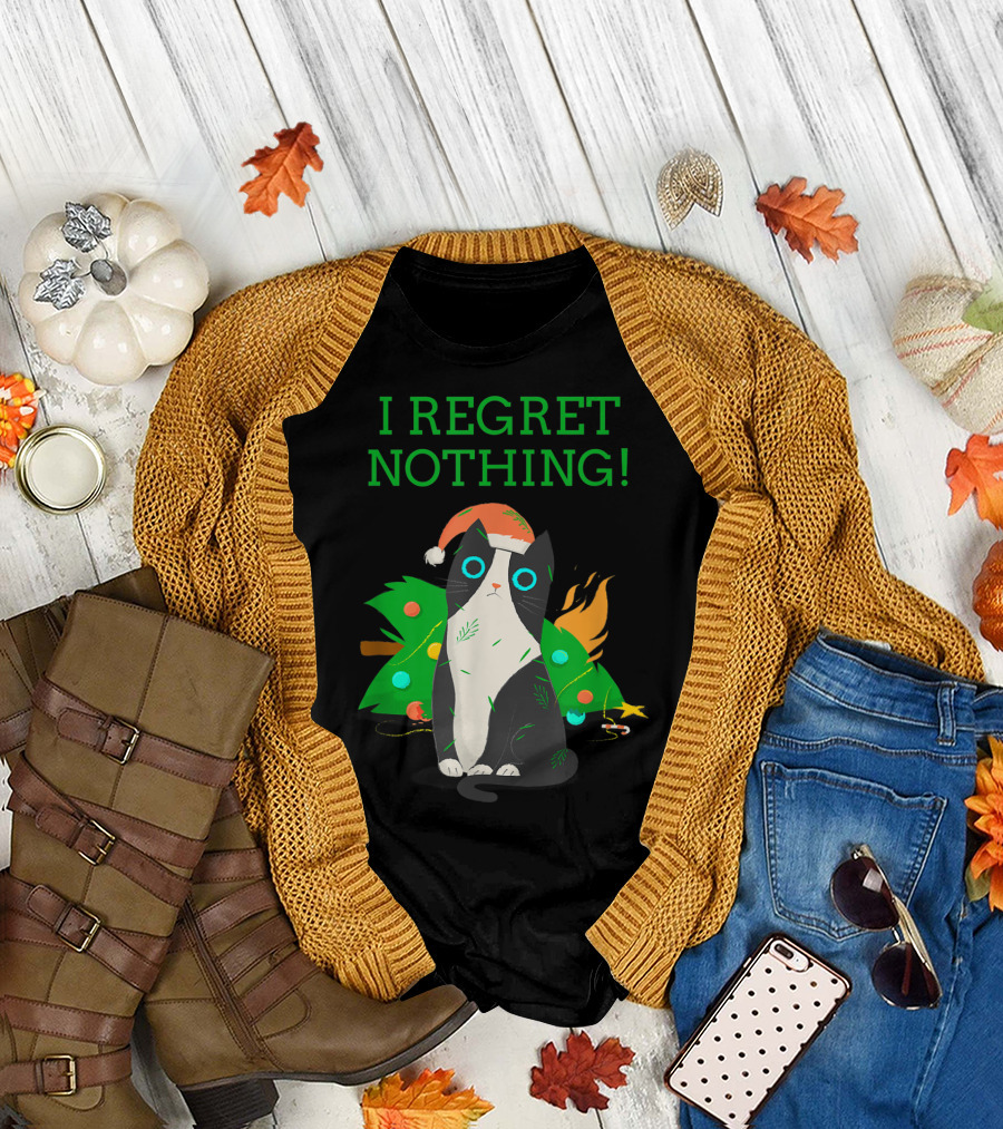 I Regret Nothing Funny Cat with Santa Hat and Christmas Tree T-Shirt