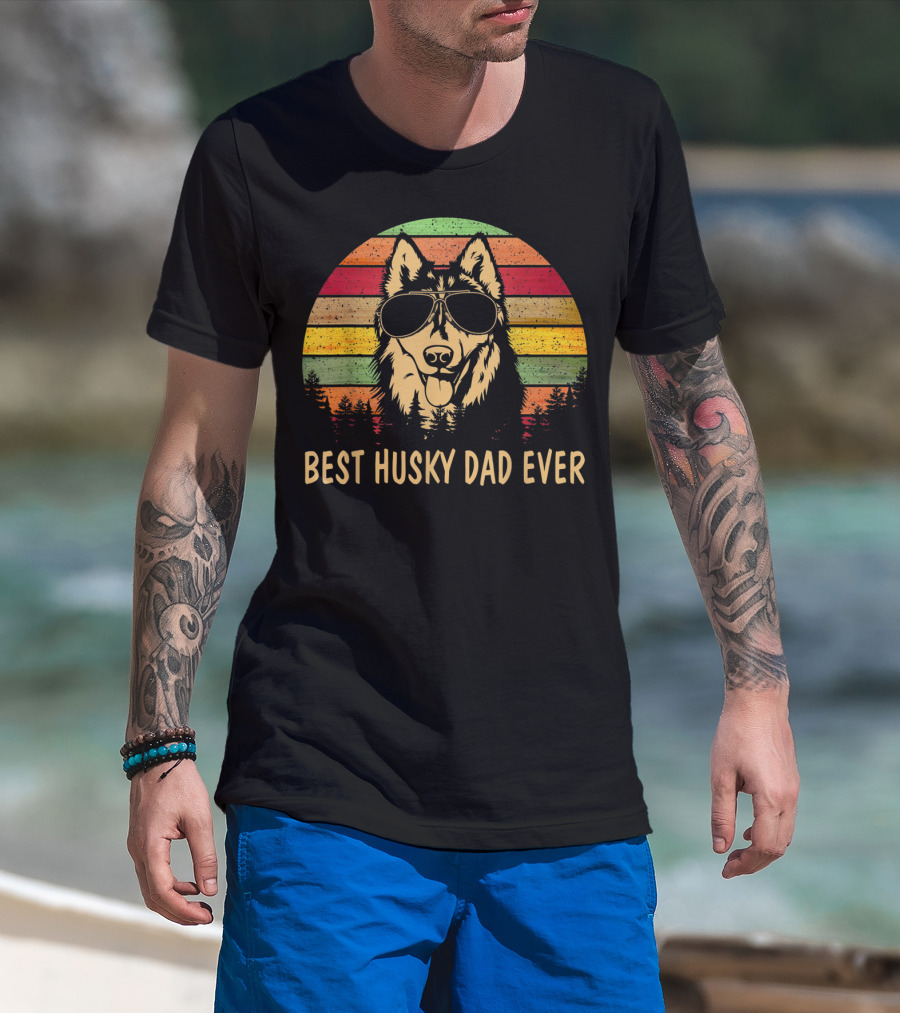 Best Husky Dad Ever Father's Day Men's Retro Sunglasses Dog T-Shirt