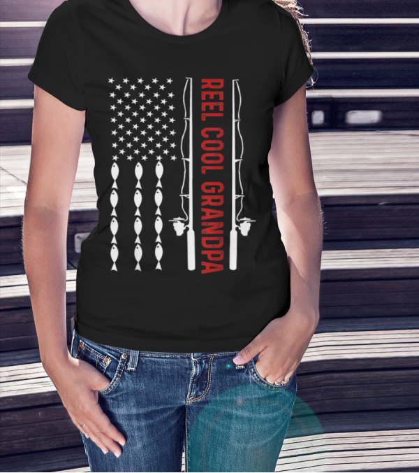 Reel Cool Grandpa Fishing Flag With Stars And Fish Rods T-Shirt