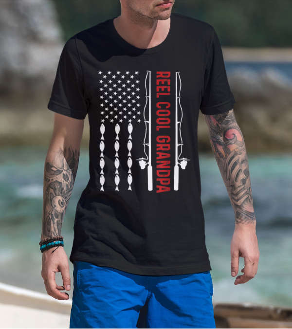 Reel Cool Grandpa Fishing Flag With Stars And Fish Rods T-Shirt