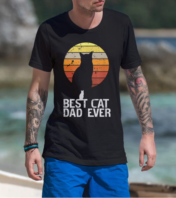 Mens Vintage Best Cat Dad Ever Cat Daddy Retro Sunset T-Shirt